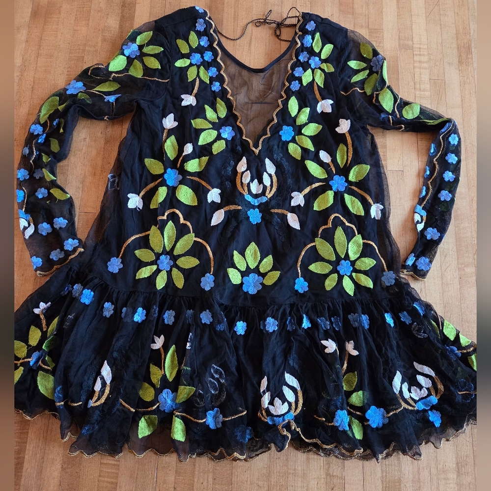Free People Black Sheer Tunic Dress with Blue and Green Floral Embroidery